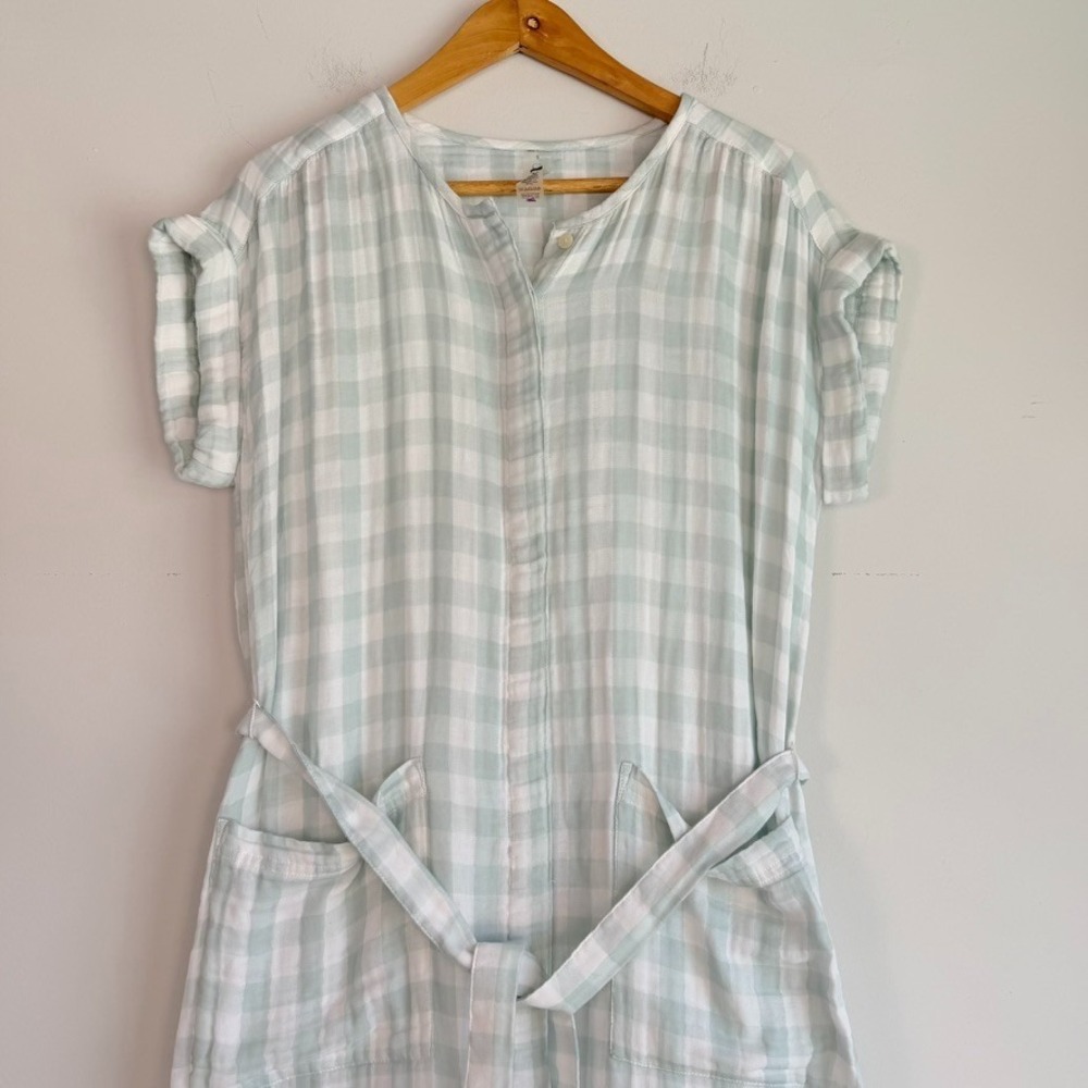 Lou & Grey Cotton Gauze Plaid Midi Shirt Dress Small Coastal Minimalist Belted - Picture 2 of 8